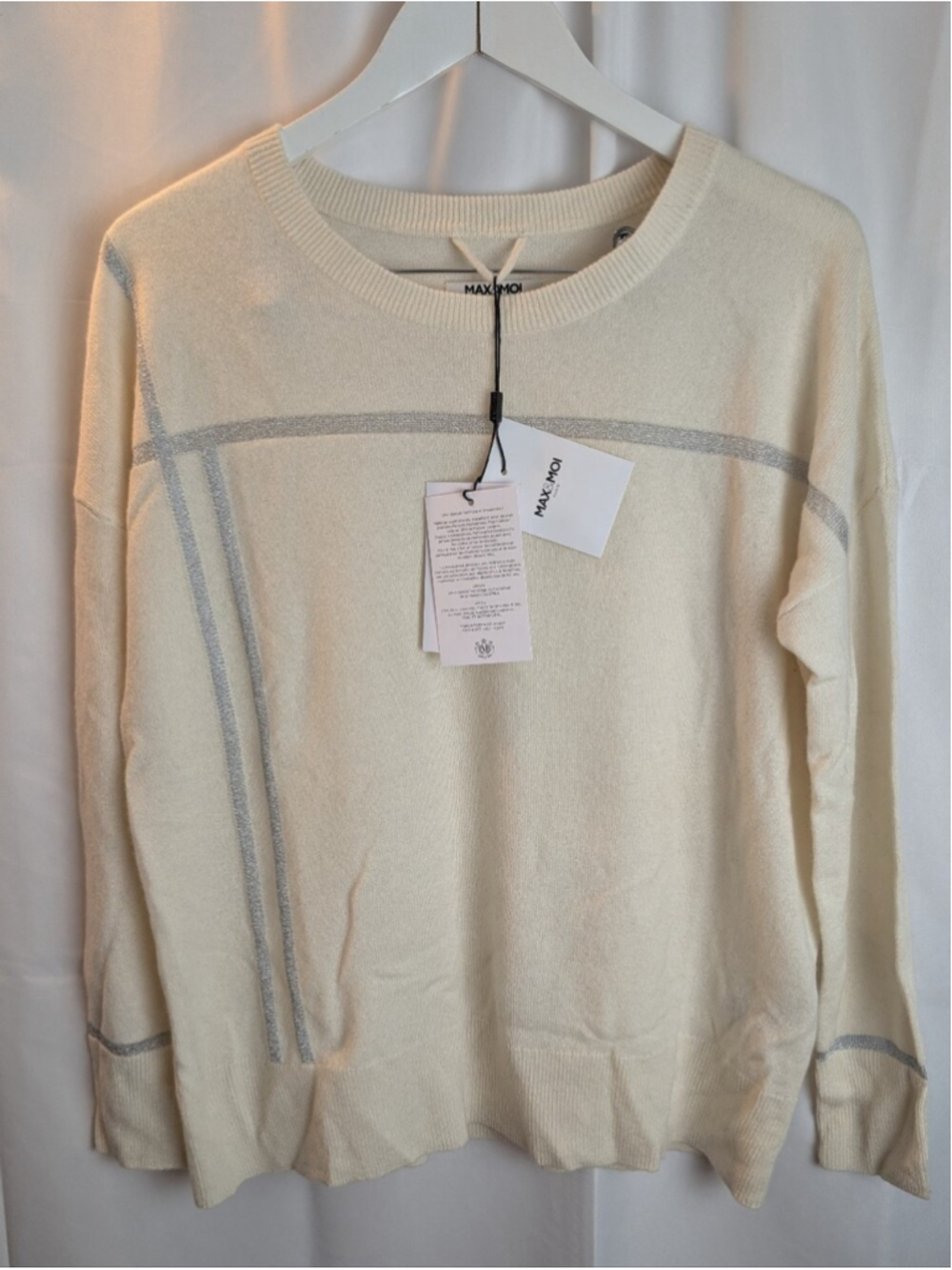 Max&Moi Cashmere Cream Crewneck Sweater with Silver Stripe Size M BNWT